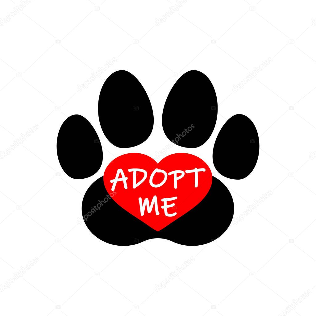 Adopt me lettering. Heart and paw print. Vector clipart and drawing. Isolated illustration on white background.