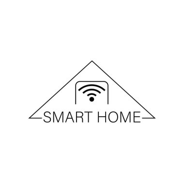 Kablosuz ağ, çatı ve akıllı telefon ile akıllı ev logosu şablonu tasarımı. Vektör doğrusal ve ana hatlı clipart ve çizim. Siyah ve beyaz izole edilmiş çizimler.
