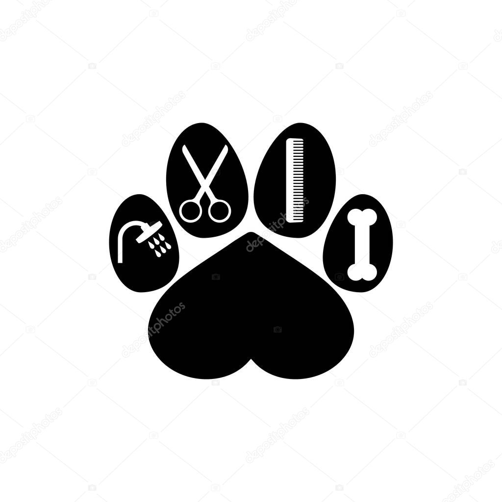 Dog grooming logo design template. Dog pawprint in heart shape with comb, scissors, shower and bone. Vector clipart and drawing. Isolated illustration on white background.