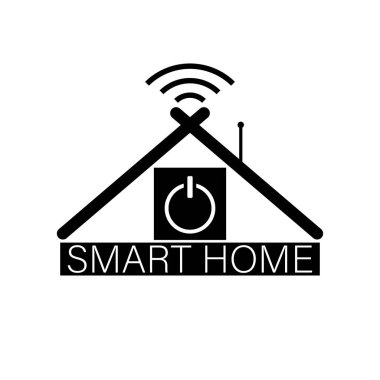 Kablosuz ağ, çatı ve güç düğmesi simgesiyle akıllı ev logosu şablonu tasarımı. Vektör dağılımı ve çizim. Siyah ve beyaz izole edilmiş çizimler.