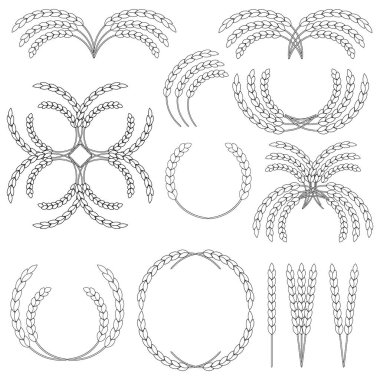 Buğday çelenkleri ve çiviler. Çizgi ve dış hat vektör kesimi ve çizimleri. Siyah ve beyaz çizimler ve resimtogramlar. 