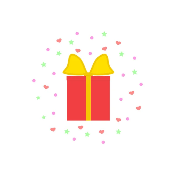 惊喜的红色礼品盒 用星星和心来庆祝生日 设计分发软件包 奖赏和其他想法的模板 矢量图标 平面插图 — 图库矢量图片