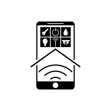 Mobil akıllı ev konsepti ve simgeler. Akıllı telefon ve ev ile şablon tasarımı. Vektör dağılımı ve çizim. Siyah ve beyaz izole edilmiş çizimler.