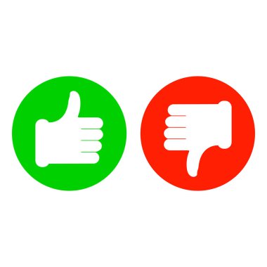 Baş parmak yukarı ve baş parmak aşağı. Vektör yuvarlak düz simge. Resim ve çizim.