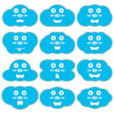 A set of wooden kids toy layouts with print in the shape of blue clouds with faces and smiles. Vector drawings for laser cutting, developing children's toys, puzzles, Montessori busy board elements. 