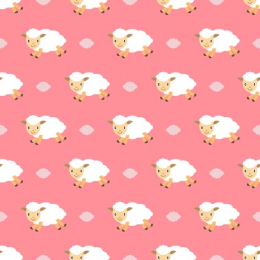 Pembe gökyüzünde uçan küçük koyunlar ve bulutlar. Kusursuz tekrarlama kalıbı. Vektör çizimi. Kumaş tasarımı, kartlar, çocuk odası duvar kağıdı, ambalaj ve diğer fikirler için arka planlar.