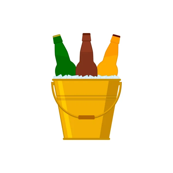 Beer Bottles Metal Golden Bucket Ice Cubes Vector Colored Picture — Stock Vector
