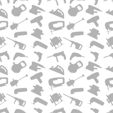 Endüstriyel güç aletleri ikonlarıyla arka plan ve kusursuz tekrarlayan şablon. Açık gri siluetler. Web sitesi arka planı, paket tasarımı, pencere tasarımı ve tabela için de diğer fikirler.