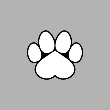 Kalp sembollü siyah beyaz hayvan pençesi izi. Vektör illüstrasyonu.  