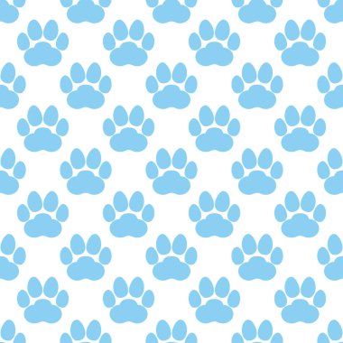 Mavi pati izi, arka planda tekrarlanmayan iz. Kedi ya da köpek ayak izleri. Vektör illüstrasyonu. 