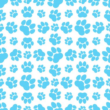 Mavi pati izi, arka planda tekrarlanmayan iz. Kedi ya da köpek ayak izleri. Vektör illüstrasyonu. 