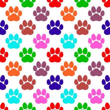 Renkli pençe izi arkaplanı. Kusursuz tekrarlama kalıbı. Kedi ya da köpek ayak izleri farklı renkte. Beyaz arkaplanda vektör illüstrasyonu. 