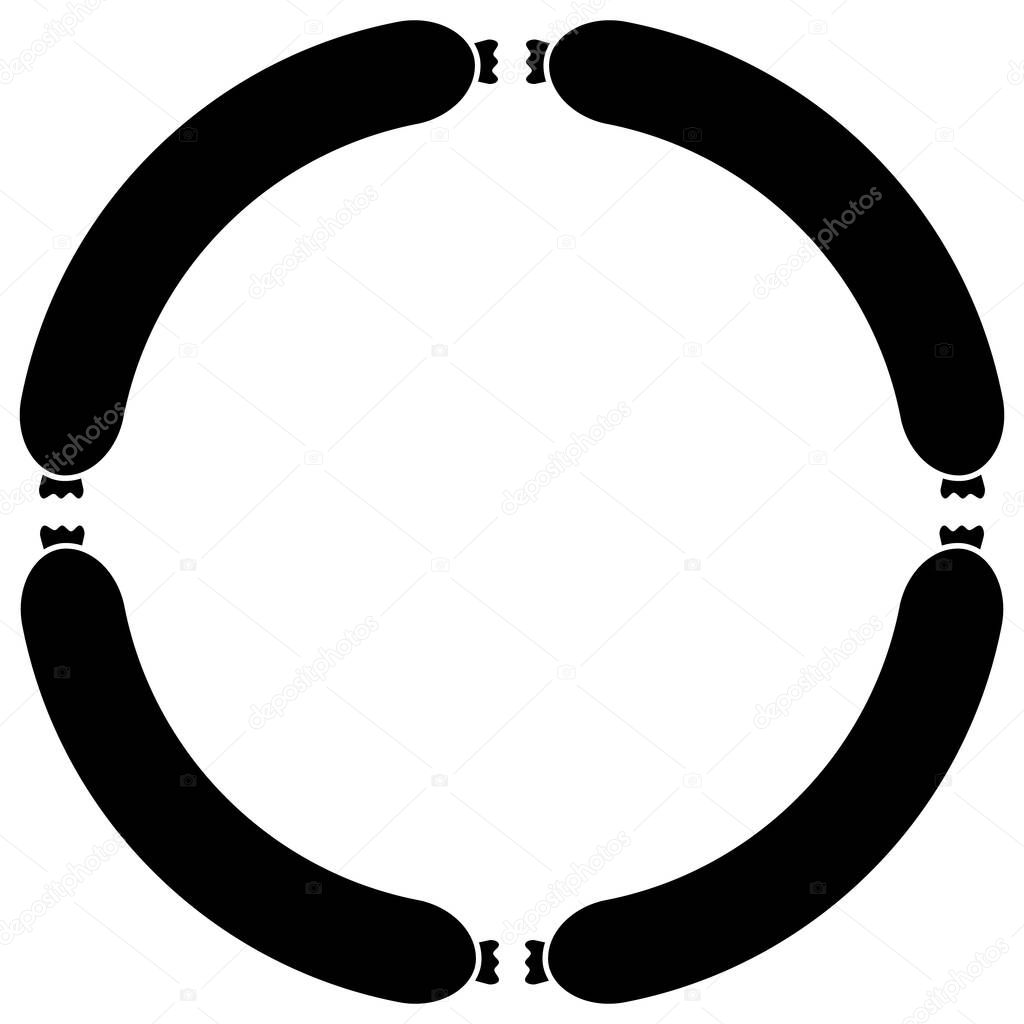 Round frame from sausages. Food theme. Vector illustration and drawing with blank background inside. Black and white silhouette. Template for design.