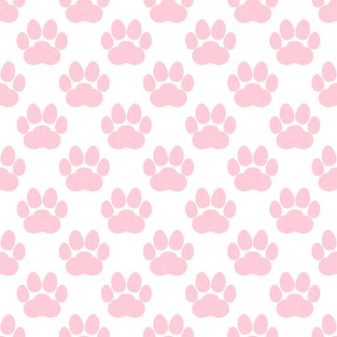 Pembe pati izi, kusursuz tekrarlayan arka plan kalıbı. Kedi ya da köpek ayak izleri. Vektör illüstrasyonu. 