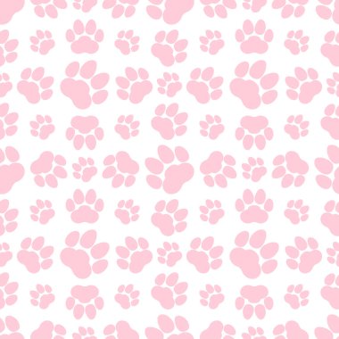 Pembe pati izi, kusursuz tekrarlayan arka plan kalıbı. Kedi ya da köpek ayak izleri. Vektör illüstrasyonu. 