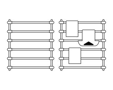 Elbise kurutma askısı. Kuru giysiler için ayakta dur. Boş arkaplanda izole vektör çizimi. Siyah siluet.