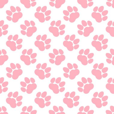 Pembe pati izi, kusursuz tekrarlayan arka plan kalıbı. Kedi ya da köpek ayak izleri. Vektör illüstrasyonu. 
