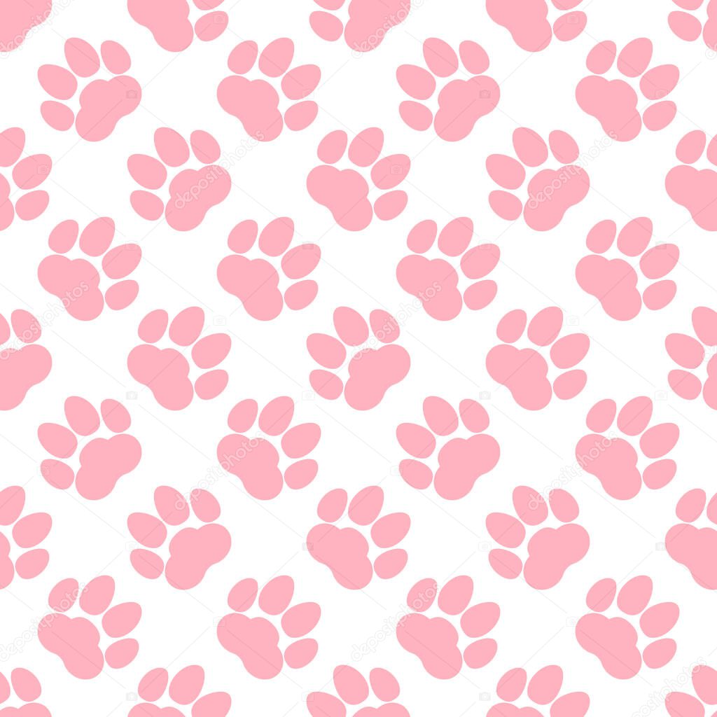 Pink paw print seamless repeating background pattern. Cat or dog footprints. Vector illustration. 