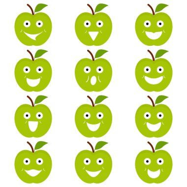 Yüzü olan yeşil elma çizgi filmi. Vektör klipsi. Beyaz boş arkaplan üzerine resim.