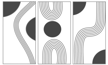 Dairesel siyah duvar kağıtları seti. Çağdaş tarz soyut sanat çizimleri. Duvarlar ve iç mekanlar için bohem bir kavram.