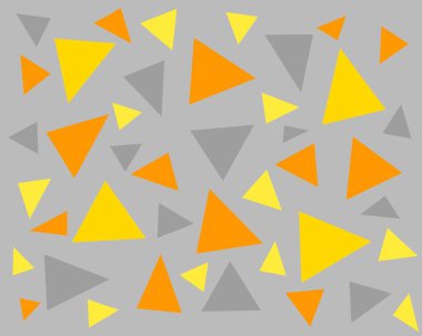 Beyaz arka planda sarı, turuncu ve kahverengi renkli üçgenlerin kusursuz deseni. Basit geometrik soyut tasarım.