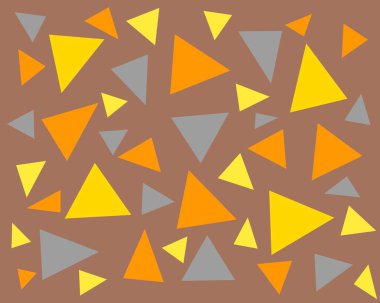 Beyaz arka planda sarı, turuncu ve kahverengi renkli üçgenlerin kusursuz deseni. Basit geometrik soyut tasarım.
