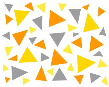 Beyaz arka planda sarı, turuncu ve kahverengi renkli üçgenlerin kusursuz deseni. Basit geometrik soyut tasarım.