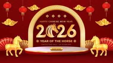 Atlar, fenerler ve At Yılı 'nı kutlamak için bayram sembolleri içeren lüks kırmızı ve altın rengi yeni yıl tasarımı. Mevsimlik promosyonlar ve kültürel kampanyalar için ideal..