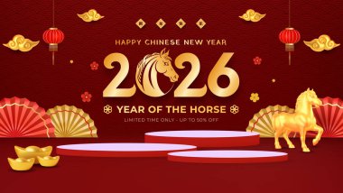 Canlı Çin Yeni Yılı 2026 sahnesinde altın bir at heykeli, kırmızı ve altın dekor, fenerler, hayranlar ve festival promosyonları ve kampanyaları sahnelenecek.