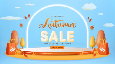 Vibrant autumn sale scene on a bright blue backdrop, featuring a glowing arc and festive shopping bags. Ideal for seasonal promos, discounts, and online retail campaigns