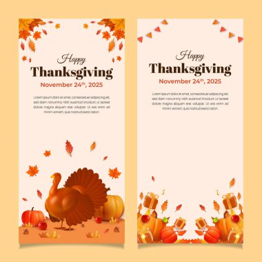 Sıcak arka planlar, düşen sonbahar yaprakları, bir hindi, balkabağı ve hediye paketleri içeren dikey festival posterleri koyun. Şükran Günü terfileri, aile etkinlikleri ve mevsimsel selamlaşmalar için mükemmel.