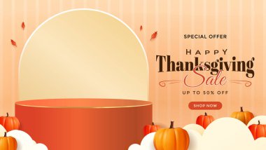 Balkabakları, yumuşak bej kemer ve ılık turuncu tonlardan oluşan canlı bir sonbahar temalı pankart. Şükran Günü satışları, mevsimsel promosyonlar ve mağazalar için ideal.