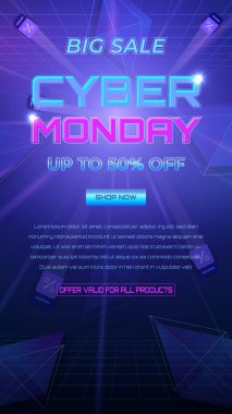 Dikey Vibrant Siber Pazartesi tanıtım pankartı. Mavi ve pembe neon yazılı. Fütürist geometri ve öne çıkan bir Shop Now düğmesi var. Dijital pazarlama, ecommerce kampanyaları ve satış promosyonları için ideal.