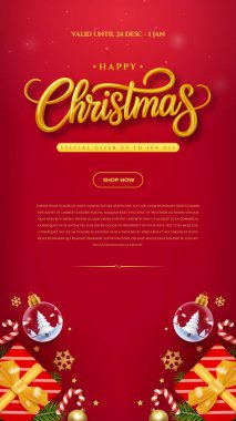 Dikey kırmızı Noel afişi, içinde altın yazılar Noel, şenlik hediyeleri, süsler, baston şekerler ve kış betimlemeleri var. Bayram satışları, mevsimlik kampanyalar ve şenlikli pazarlama malzemeleri için ideal..