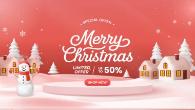 Karlı bir köy, neşeli bir kardan adam ve parıldayan evlerin yer aldığı sıcak bir Noel bayrağı. Parlak bir arkaplan, şenlik yıldızları ve cesur bir dükkan Şimdi harekete geçin