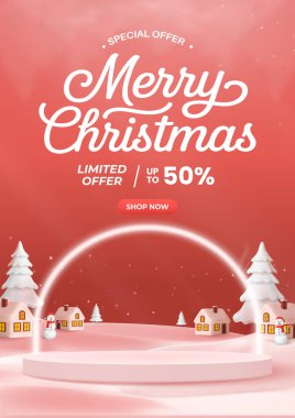 Sıcak pembe bir gradyan, zarif bir Mutlu Noeller tipografisi, karlı bir köy, ışıldayan bir kavis ve kardan adamların yer aldığı bir Noel tanıtım posteri. Tatil satışları ve alışveriş kampanyaları için mükemmel.