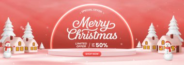 Karlı bir köy, kardan adam ve sıcak evlerin yer aldığı canlı bir bayram afişi. Noel promosyonları, mevsimlik satışlar ve festival kampanyaları için mükemmel..