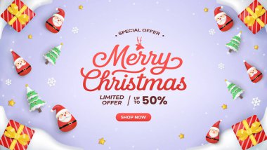 Noel Baba, hediye kutuları ve yumuşak mor bir gradyan etrafında Noel ağaçları bulunan canlı bir bayram afişi. Merkez Cesur Mutlu Noeller indirimli ve mağaza açma düğmeli sınırlı bir indirimi teşvik ediyor..