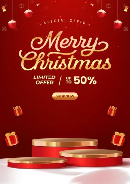 Kırmızı bir zemin, şenlikli süsler ve altın podyumlar üzerinde altın metin bulunan afişler. Tatil döneminde promosyonlar, indirimler ve hediye kampanyaları için idealdir..