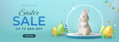 Paskalya indirimini destekleyen canlı bir ticari afiş. Etrafı renkli yumurta desenleri ve şenlikli bahar dekorasyonlarıyla çevrili dairesel bir kaidede beyaz, üç boyutlu bir tavşan var..