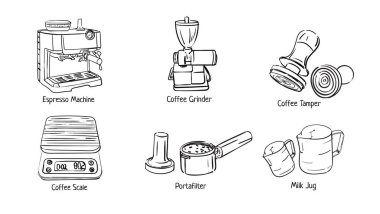 Vektör illüstrasyonunda espresso makinesi, öğütücü, kurcalayıcı, skaler, iskele filtresi ve süt sürahisi gibi temiz bir el yapımı çizim tarzında sunulan temel kahve yapma araçlarının kapsamlı bir koleksiyonu yer almaktadır..