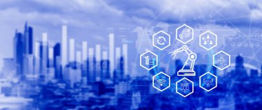 Sanal sanayi, otomasyon ve optimizasyon konsepti. İş ve modern teknoloji kavramı, üretim yeniliğinin geleceği. Değil ai