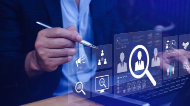 İş arama konsepti. İnsan Kaynakları 'nı ya da İnsan Kaynakları' nı işe almayı, işsizlik araştırmasını, iş görüşmesine devam etmeyi, kariyerini bulmayı. Kafa avcılığı ve adam toplama süreci. Değil ai