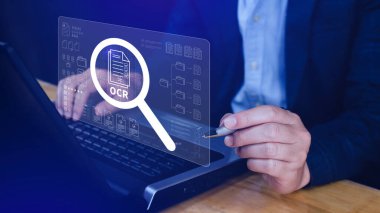 OCR teknoloji kavramları. Sanal arayüzle yapay zeka destekli OCR kullanarak, akıllı belge taraması, metin tanıma, otomasyon işleme araçlarını temsil ediyor. Değil ai