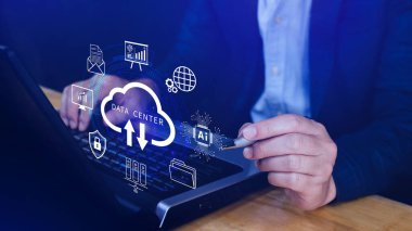 Veri merkezi konsepti. Dijital teknoloji, veri işleme ve mühendislik, bulut hesaplama kavramı, veri merkezli veritabanı yönetimi, yenilikçi teknoloji geçmişi. Değil ai