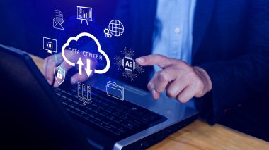 Veri merkezi konsepti. Dijital teknoloji, veri işleme ve mühendislik, bulut hesaplama kavramı, veri merkezli veritabanı yönetimi, yenilikçi teknoloji geçmişi. Değil ai