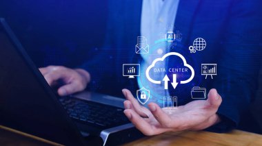 Veri merkezi konsepti. Dijital teknoloji, veri işleme ve mühendislik, bulut hesaplama kavramı, veri merkezli veritabanı yönetimi, yenilikçi teknoloji geçmişi. Değil ai