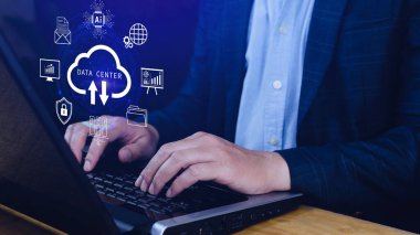 Veri merkezi konsepti. Dijital teknoloji, veri işleme ve mühendislik, bulut hesaplama kavramı, veri merkezli veritabanı yönetimi, yenilikçi teknoloji geçmişi. Değil ai