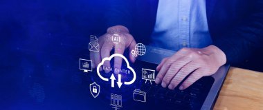 Veri merkezi konsepti. Dijital teknoloji, veri işleme ve mühendislik, bulut hesaplama kavramı, veri merkezli veritabanı yönetimi, yenilikçi teknoloji geçmişi. Değil ai