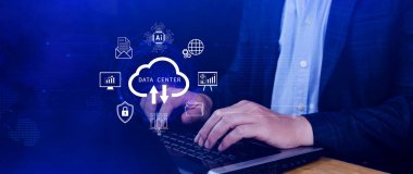 Veri merkezi konsepti. Dijital teknoloji, veri işleme ve mühendislik, bulut hesaplama kavramı, veri merkezli veritabanı yönetimi, yenilikçi teknoloji geçmişi. Değil ai